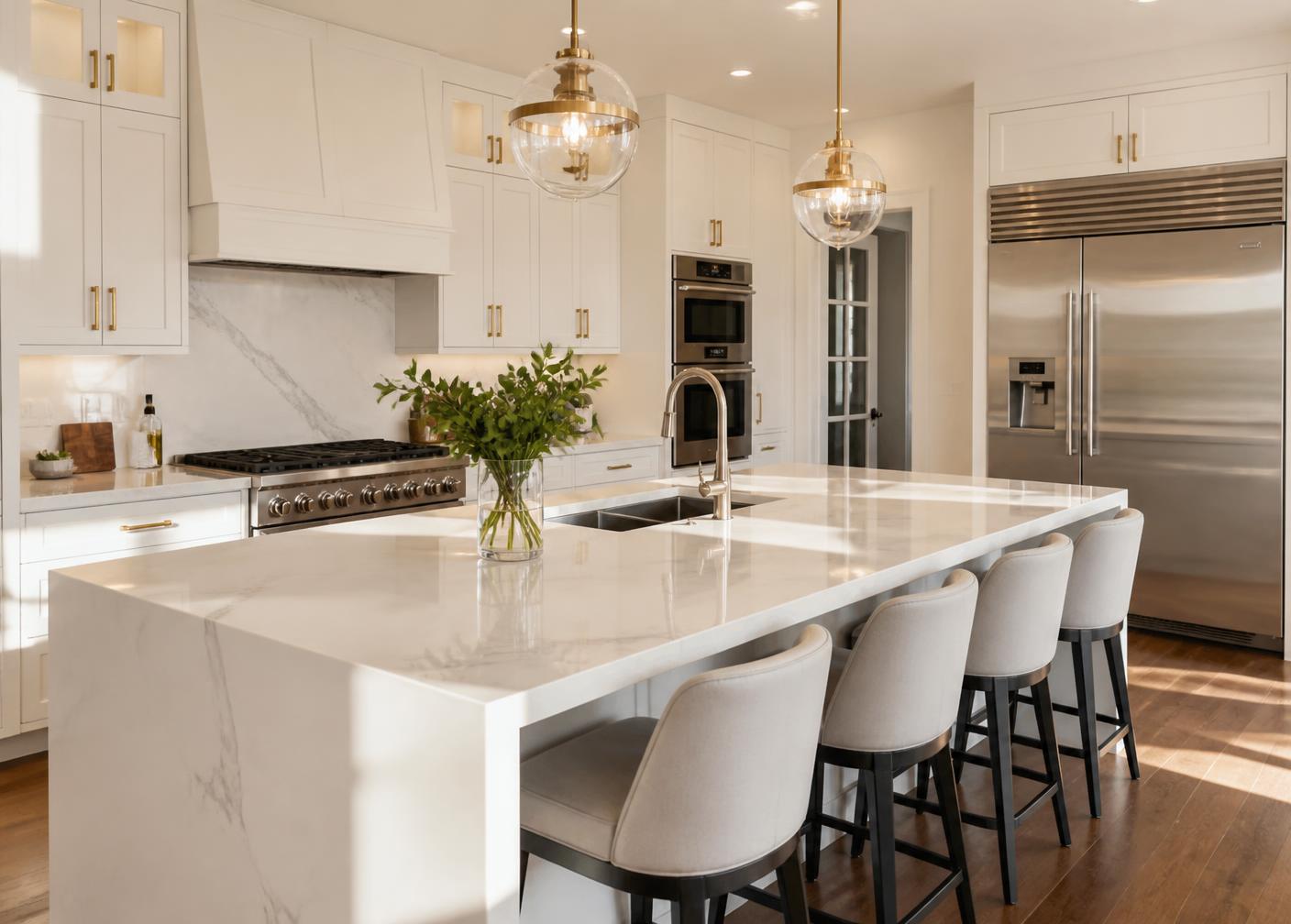 Immaculate modern kitchen with marble countertops after a professional cleaning